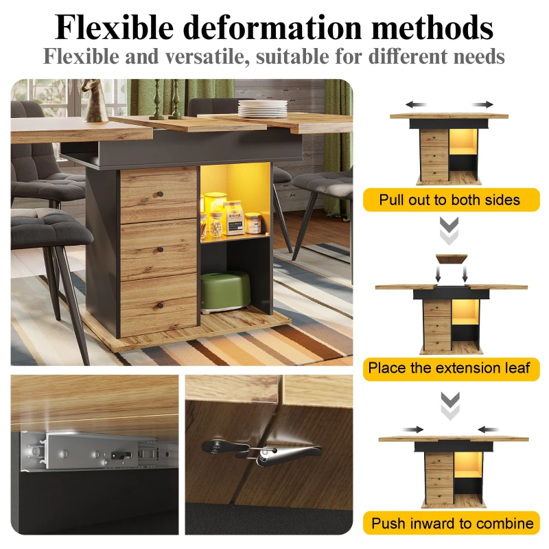 Telescopic Dining Table with App-Controlled LED Lighting, Modern Extension Table with Built-In Storage, 140L x 80W x 75H cm, Black+Natural