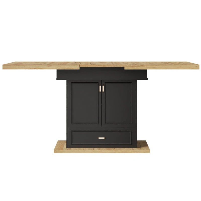 Lockable Telescopic Kitchen Table with Wood‑Grain High‑Density MDF Top, Extendable Dining Table with Concealed Storage, 110L x 80W x 75H cm, Black