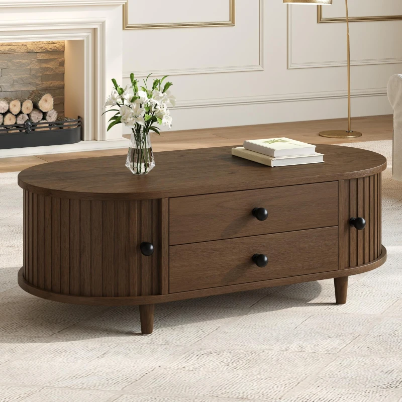 Oval Coffee Table with Sliding Roll-Top Doors, Sturdy Center Table with Two Drawers, 100L X 50W X 36H cm, Walnut