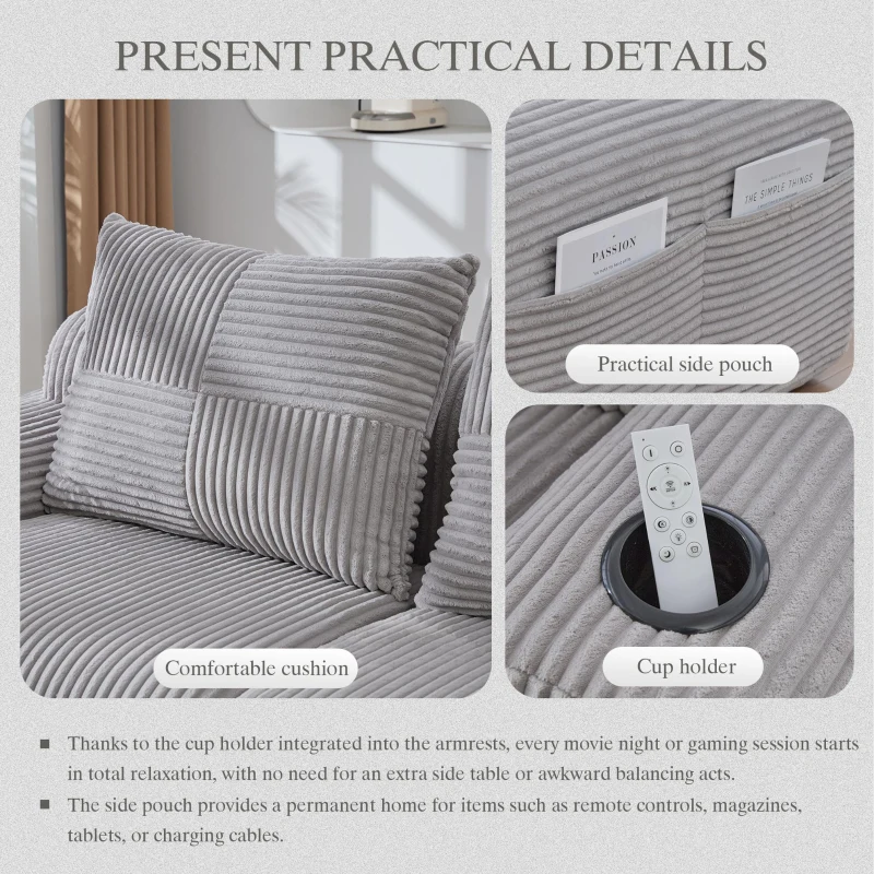Modular 2-Seater Sofa with Foam-Filled Plush Seats, Light Grey Corduroy Couch with Built-In Cup Holder, 200L x 174W x 80H cm, Light Gray