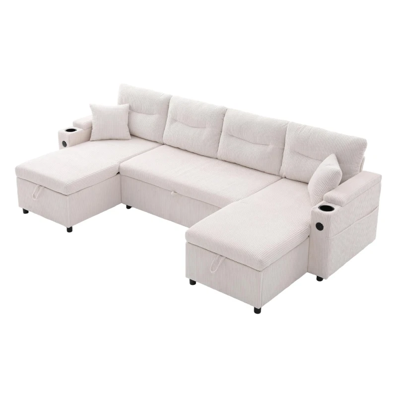 Contemporary 4-Seater Sofa with 2 Chaise Longues, Ribbed Corduroy Couch with Built-In Cup Holders, 272L x 136W x 86H cm, Beige