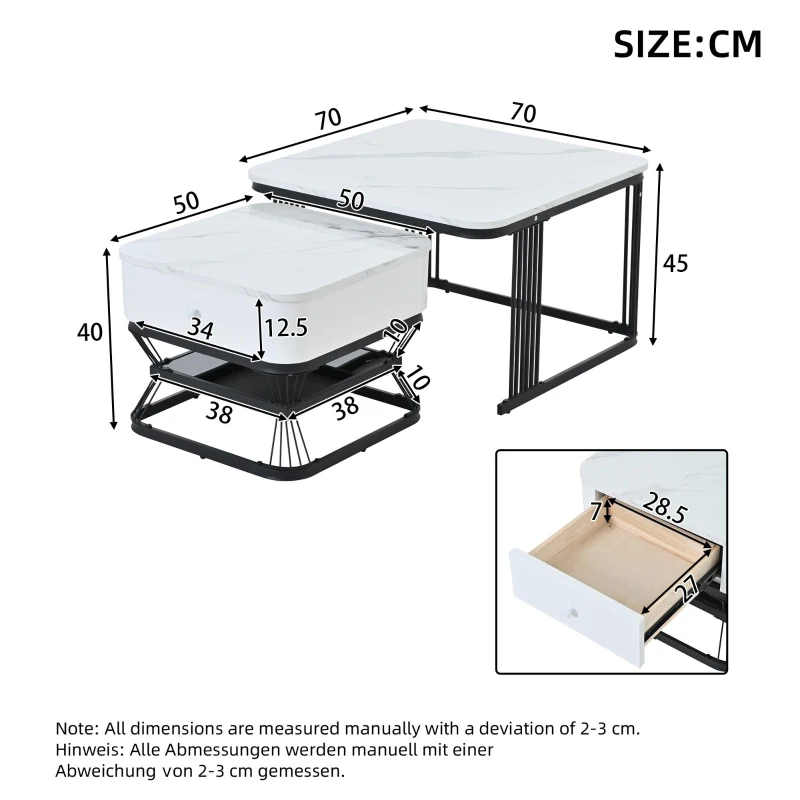 Nesting Coffee Table Set with Open Storage Shelf, Space-Saving Center Table Set with MDF Tops, 70L x 70W x 45H cm, White+Black