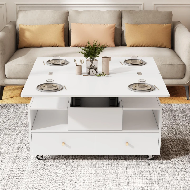 Extendable Lift-Top Coffee Table with Two Lift-Up Tabletops and Castors, Space-Saving Dining Table with four drawers, 100L x 50W x 47.5H cm, White