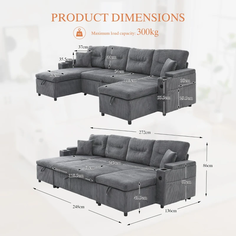 Contemporary 4-Seater Fabric Sofa with 2 Chaise Longues, Minimalist U-Shaped Couch with Integrated Cup Holders, 272L x 136W x 86H cm, Dark Gray