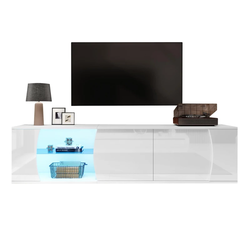 Freestanding TV Cabinet with LED Ambient Lighting and Tempered Glass Display, Modern Lowboard with 3 Doors, 180L x 40W x 45H cm, White