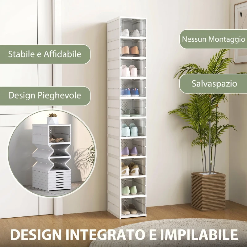 HOMCOM Scarpiera Pieghevole Slim Modulabile con 10 Contenitori per Scarpe, Scarpiera Salvaspazio con Pannello Trasparente, Senza Montaggio, Bianco