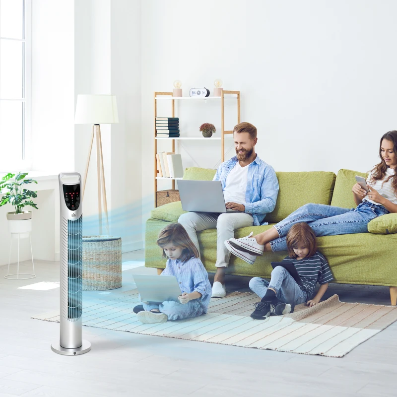HOMCOM Ventilador de Torre Ventilador Vertical 40W con Mando a Distancia 3 Velocidades Temporizador 7,5h Ø18x78,5 cm Plata