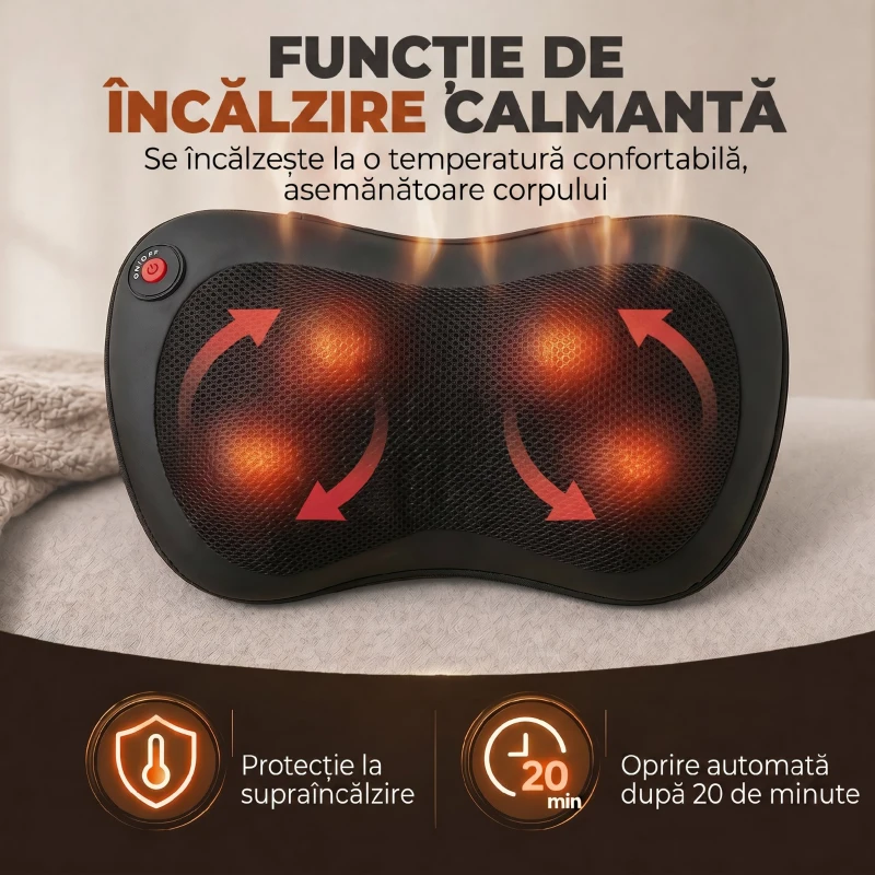 HOMCOM Pernă de Masaj Spate și Gât cu Încălzire și 4 Noduri Shiatsu, pentru Acasă, Birou, Mașină, Negru