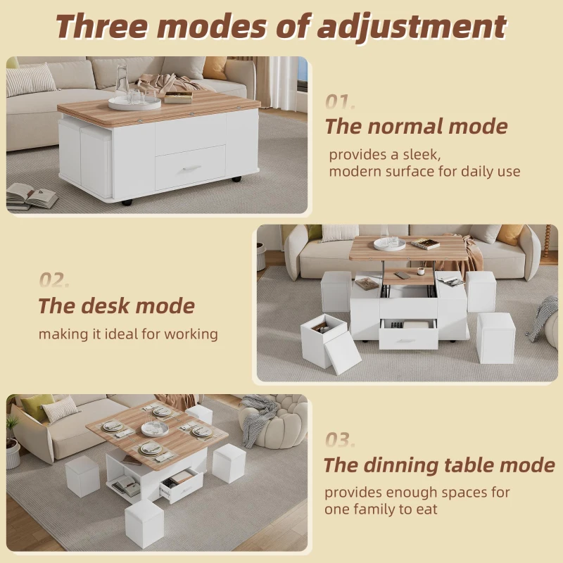 Extendable Lift Top Coffee Table with Hydraulic Lift, Space-Saving Center Table with 4 Hidden-Storage Stools, 100L x 50W x 45H cm, White+Natural