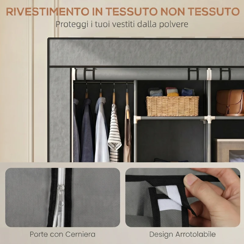 HOMCOM Armadio Portatile in Tessuto non Tessuto e Acciaio con Ruote, 10 Scomparti e 2 Barre Appendiabiti, Grigio Scuro