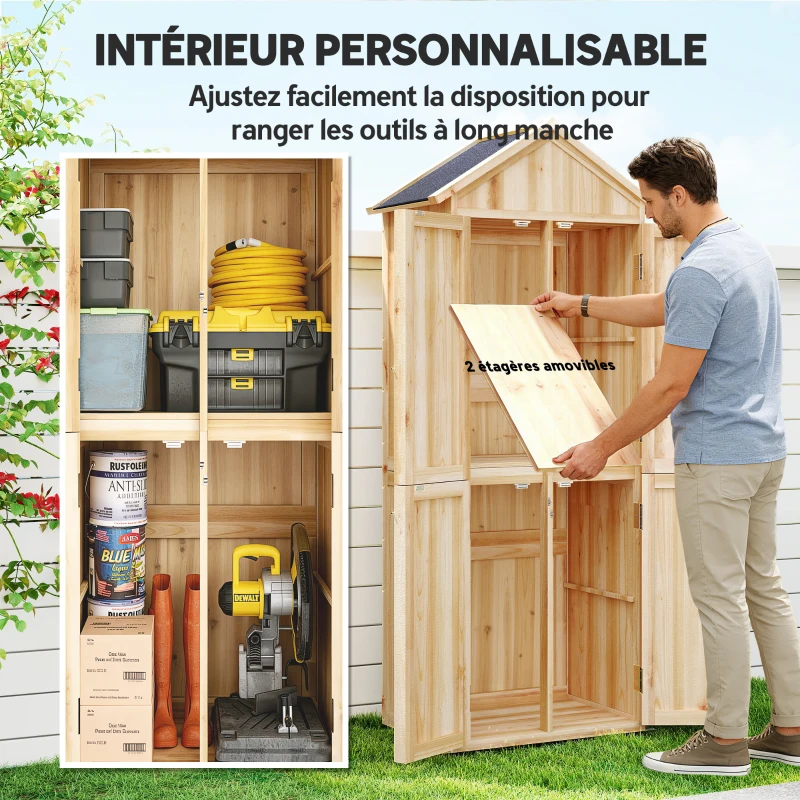 Outsunny Armoire de Jardin en Bois Abri à Outils Rangement Extérieur Toit en Pointe en Asphalte 82x50x190cm Bois Naturel