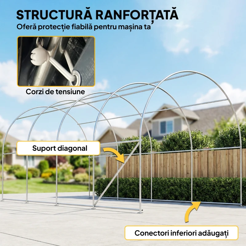 Outsunny Carport 3x6m, Garaj Portabil cu Ușă și Ferestre, Gri Închis