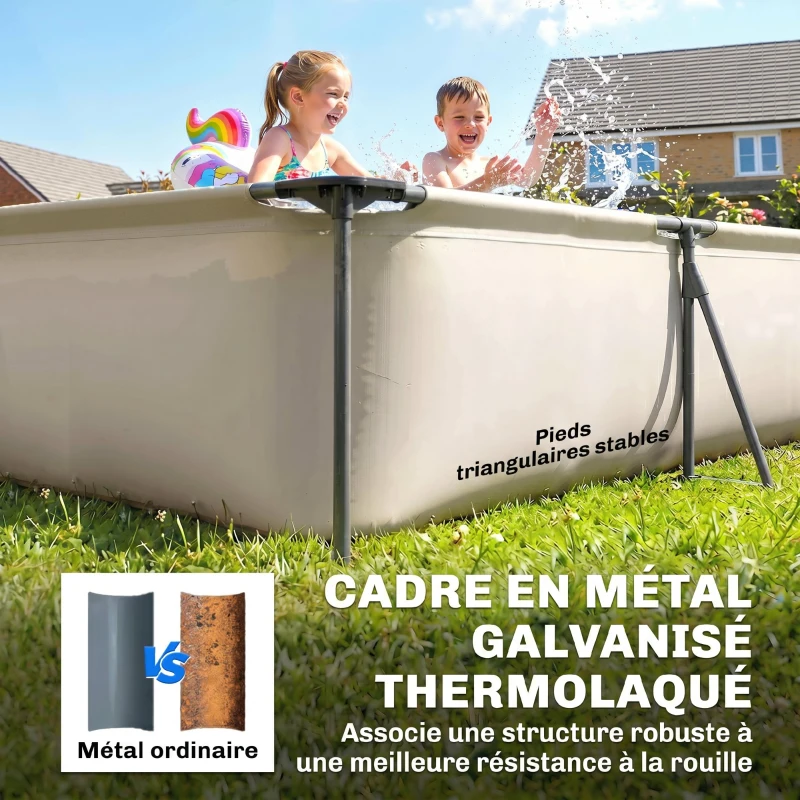 Outsunny Piscine Tubulaire Rectangulaire Piscine Hors Sol Nouvelle Structure Stable Antirouille 394,5x208,3x80,5cm Gris