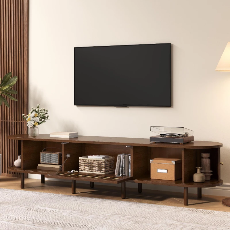 Oval TV Unit with Rattan-Effect Hinged Door, Sturdy Lowboard with 5 Enclosed Compartments, 180L x 40W x 40H cm, Walnut