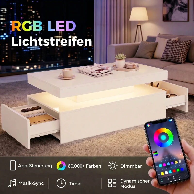 HOMCOM LED Couchtisch mit Stauraum, Moderner 2-Ebenen Wohnzimmertisch mit 2 Schubladen, Hochglanz Weiß