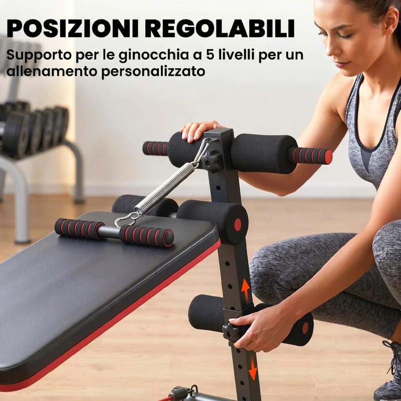 HOMCOM Panca per Addominali Pieghevole e Regolabile con Vogatore e 2 Corde, in Acciaio 51x137x50-66 cm, Nera e Rossa