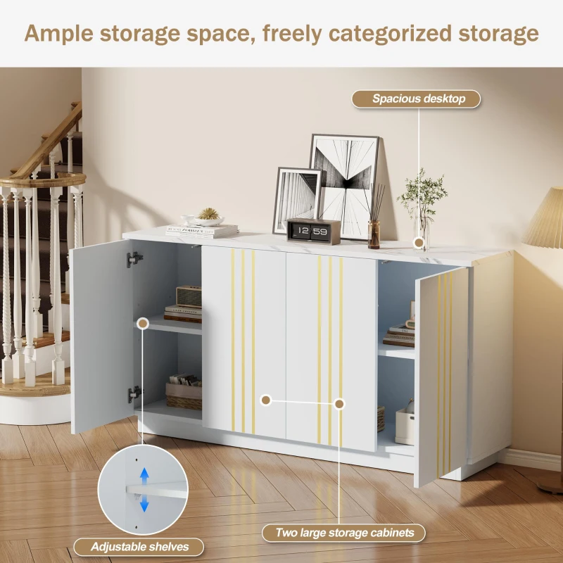 Living Room Sideboard with Elegant Metallic Vertical Lines, Freestanding Storage Cabinet with 4 Doors, 140L x 35W x 70H cm, White