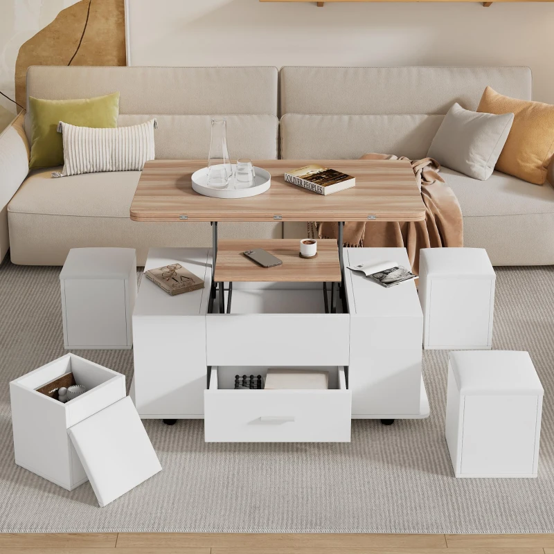 Extendable Lift Top Coffee Table with Hydraulic Lift, Space-Saving Center Table with 4 Hidden-Storage Stools, 100L x 50W x 45H cm, White+Natural
