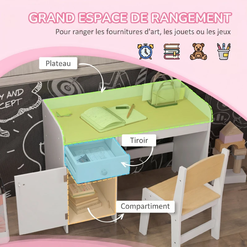 ZONEKIZ Bureau enfant avec chaise, table enfant avec tiroir, placard et large plateau, pour 3 à 6 ans, 80 x 39 x 59 cm, blanc