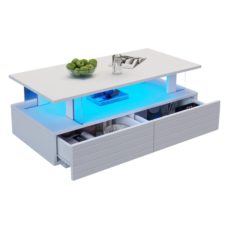 Sleek LED Coffee Table with App-Controlled Lighting, Stylish Center Table with Open Storage Shelf, 100L x 50W x 42.5H cm, White