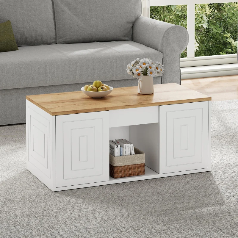 Height-Adjustable Coffee Table with Hydraulic Lift and Divided Shelves, Minimalist Center Table with Rounded Corners, 95L x 46W x 45H cm, White
