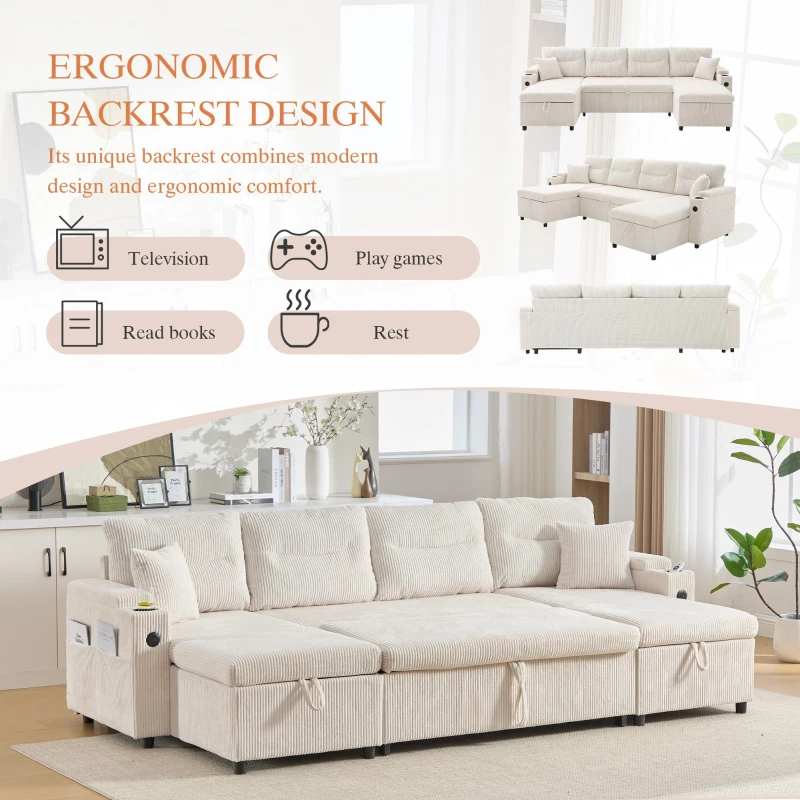 Contemporary 4-Seater Sofa with 2 Chaise Longues, Ribbed Corduroy Couch with Built-In Cup Holders, 272L x 136W x 86H cm, Beige