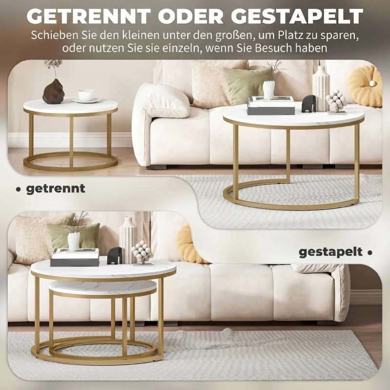 HOMCOM 2er-Set runde Couchtische, stapelbare Beistelltische mit Metallrahmen, Wohnzimmertisch in Marmoroptik, Kaffeetisch, Grau