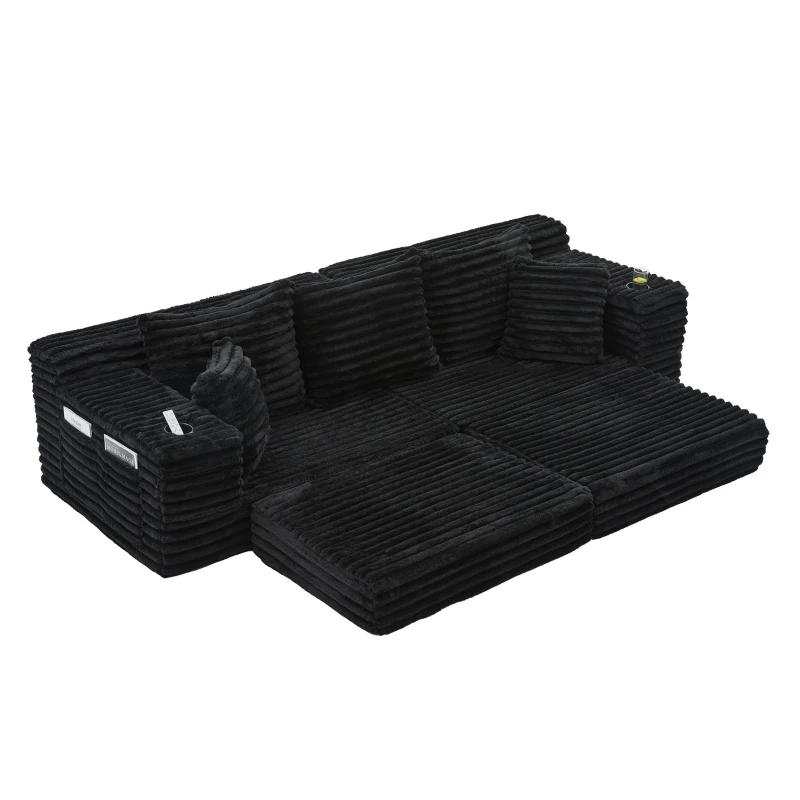 Convertible Sofa Bed with High Backrest and Extra Pillow, Ribbed Corduroy Couch with Dual Side Pockets, 107.5L x 38.5W x 34H cm, Black