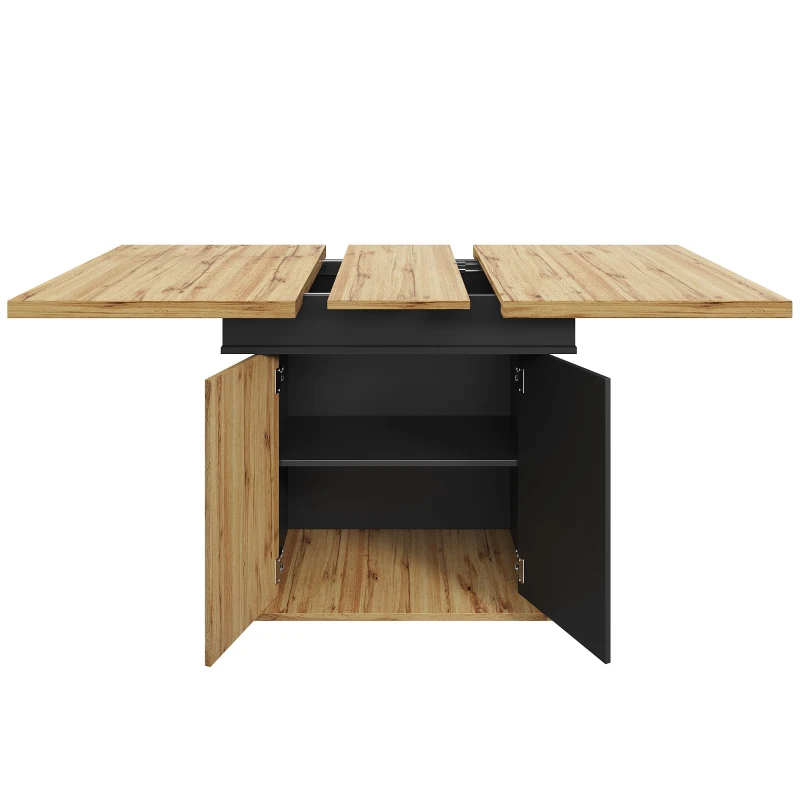 Telescopic Dining Table with Double-Sided Extension System, Modern Extension Table with Height-Adjustable Shelves, 140L x 80W x 75H cm, Black+Natural