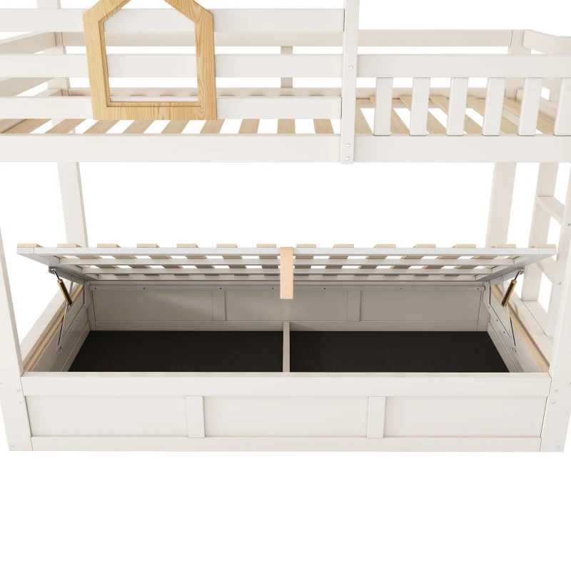 Children's Cabin Bunk Bed with Hydraulic Underbed Storage, Space‑Saving Bed Frame with Integrated Ladder, 200L x 102W x 184H cm, White