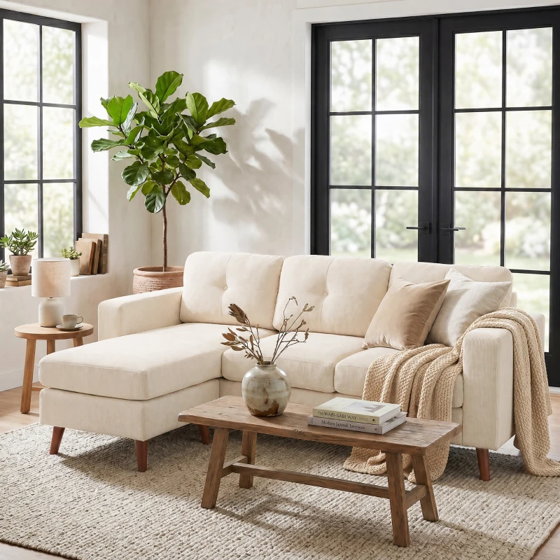 HOMCOM Sofá esquinero 192 cm en L 3 plazas con chaiselongue reversible, acabado en pana, para espacios pequeños, blanco crema