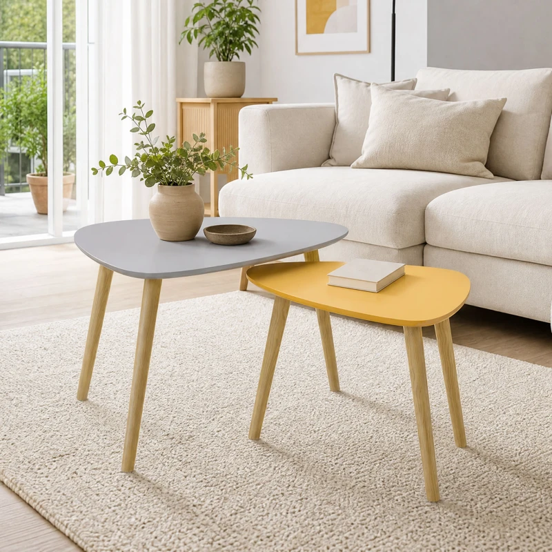 HOMCOM Lote de 2 Mesas de Centro Anidadas de Diseño Escandinavo con Patas de Madera y Tablero de Madera Gris y Amarillo