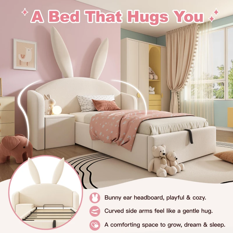 Bunny Ears Children's Single Bed with Hydraulic Lift Storage, Plush Velvet Bed Frame with Wooden Slatted Base, 206L x 149W x 143H cm, Beige