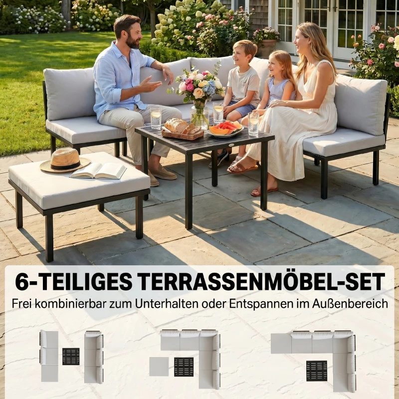 Outsunny Lounge Gartenmöbel Set 5-6 Personen Gartenlounge Set mit 2 Sitzer Gartensofa 2 Stühle Eckstuhl Lamell-Tisch Fußhocker