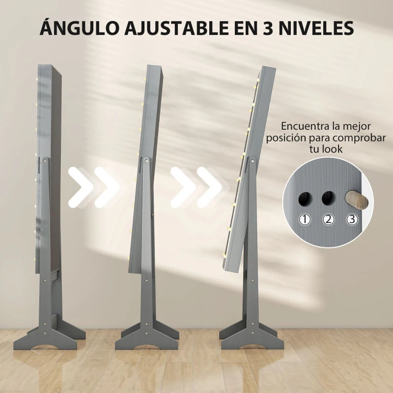 HOMCOM Espejo Joyero con Luces LED Armario para Joyas Armario Joyero de Pie con Espejo Entero Ángulo Ajustable Gris