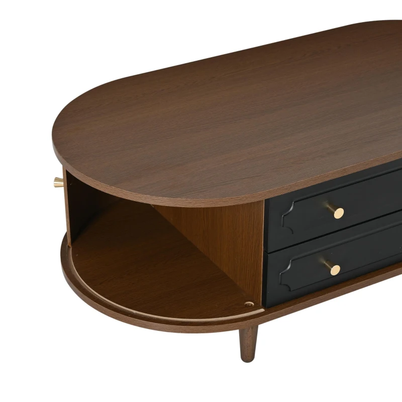 Living Room Coffee Table with 2 Drawers and Roll-Up Door, Minimalist Center Table with 4 Support Legs, 100L x 50W x 36H cm, Walnut