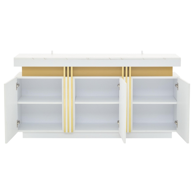 Modern Sideboard with Faux Marble Top and Anti-Tip Fixings, Luxury Storage Unit with Adjustable Shelves, 140L x 38W x 70H cm, White