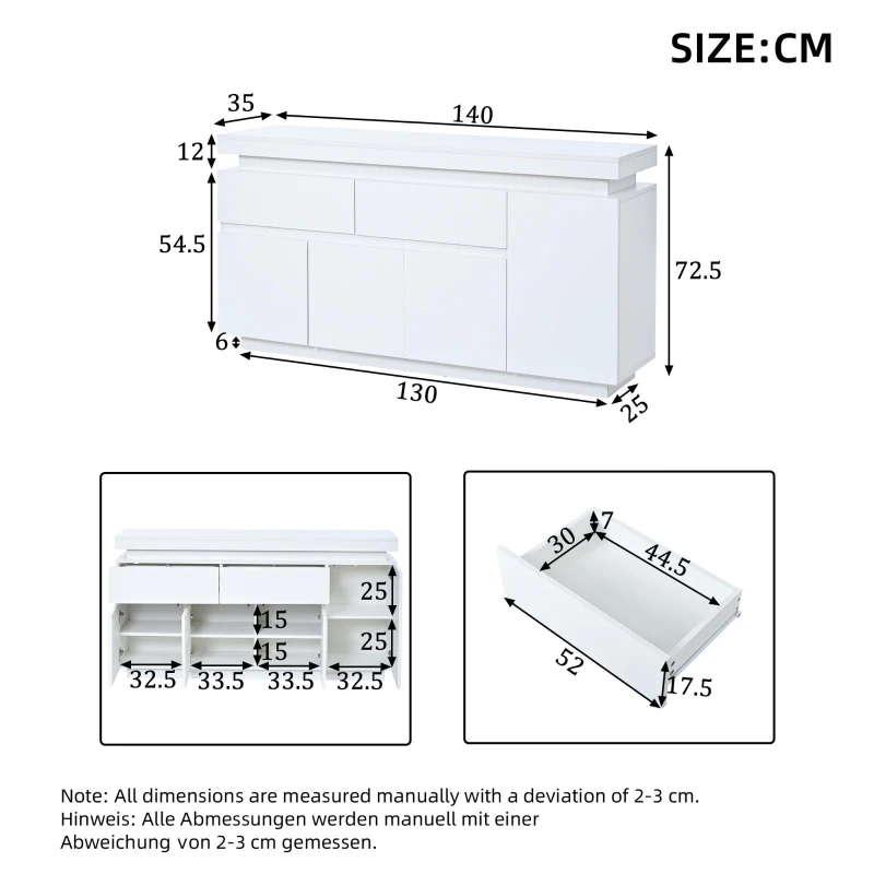 High-Gloss Sideboard with App-Controlled RGB LED Lighting, Freestanding Storage Cabinet with Adjustable Shelves, 140L x 35W x 72.5H cm, White