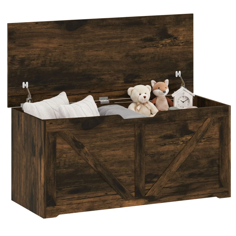 HOMCOM 127L Home Storage Box, with Safety Hinges - Rustic Brown Wood-Effect