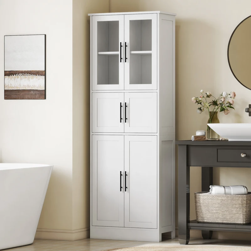 HOMCOM Meuble de salle de bain, meuble de rangement 6 niveaux, 6 portes dont 2 vitrées, étagères réglables, 60x30x170cm, blanc