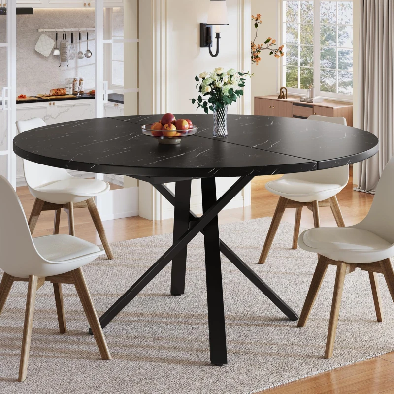 Extendable Dining Table with Marble-Effect Top, Space-Saving Round Table with Sturdy X-Shaped Metal Frame, 100L x 100W x 75.5H cm, Black
