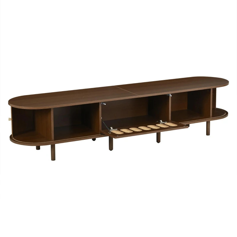 Oval TV Unit with Rattan-Effect Hinged Door, Sturdy Lowboard with 5 Enclosed Compartments, 180L x 40W x 40H cm, Walnut