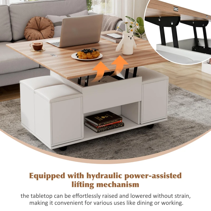 Lift-Top Coffee Table with Hydraulic Lift, Stylish Side Table with 2 Open Shelves, 100L x 50W x 48H cm, Natural+White