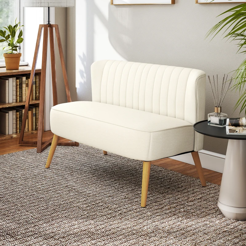 HOMCOM, Canapea, Cu Două Locuri, Material textil cu efect de in, Lemn de cauciuc, 117 x 56.5 x 77 cm, Crem