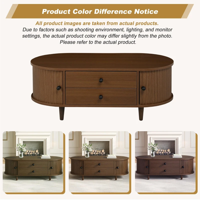 Oval Coffee Table with Sliding Roll-Top Doors, Sturdy Center Table with Two Drawers, 100L X 50W X 36H cm, Walnut