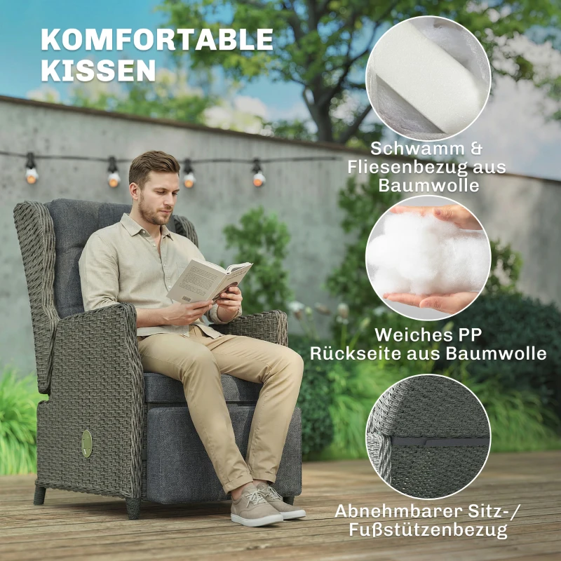 Outsunny Rattanstuhl mit Klapptisch, Liegestuhl Gartenstuhl Verstellbare Rückenlehne und Fußstütze 81 x 58 x 98,5 cm Dunkelgrau