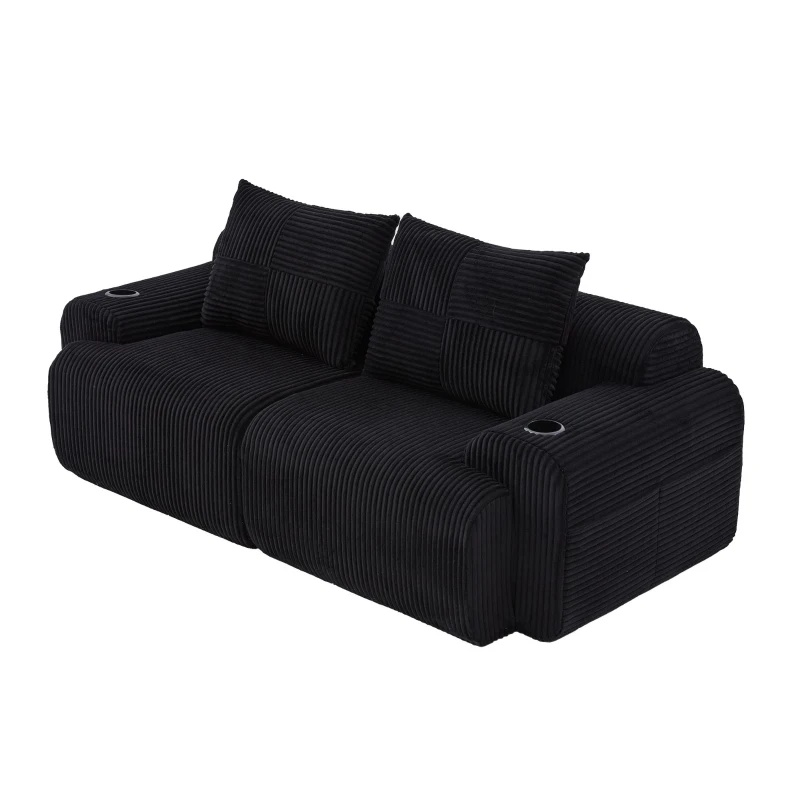 Modular 2-Seater Sofa with Built-In Cup Holder and Side Storage Pocket, Ribbed Corduroy Couch with High-Density Foam, 200L x 99W x 80H cm, Black