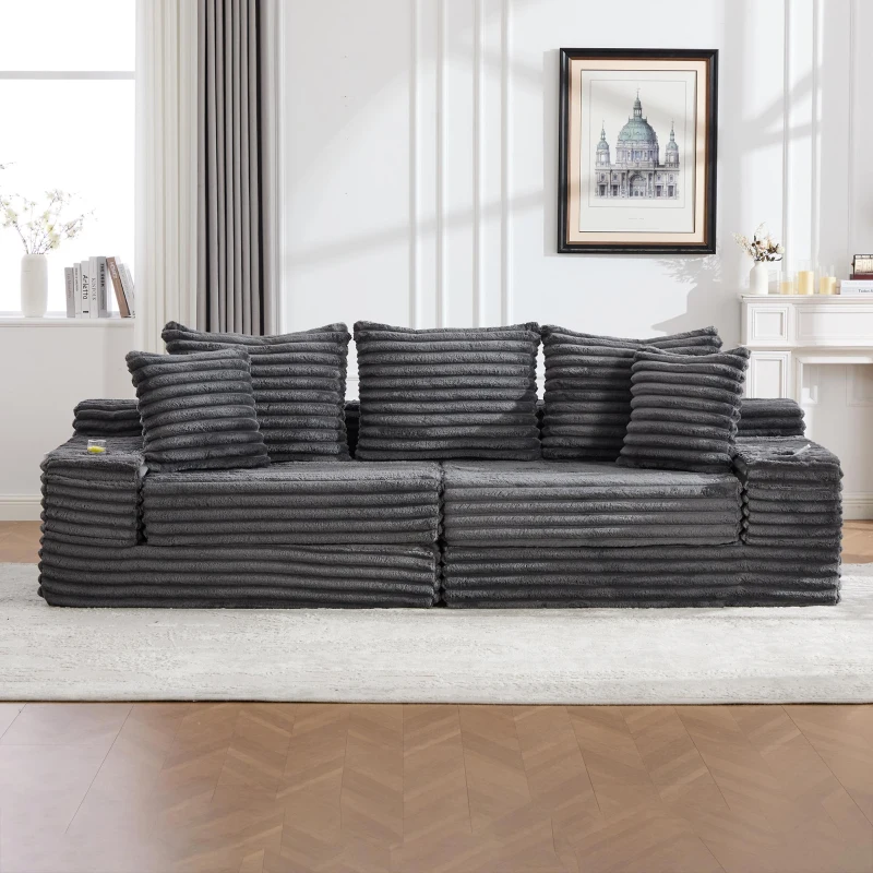 Convertible Sofa Bed with High Backrest and Extra Pillow, Ribbed Corduroy Couch with Dual Side Pockets, 107.5L x 38.5W x 34H cm, Dark Gray