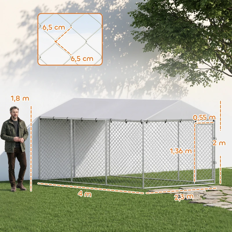 PawHut Außen-Hundezwinger mit verzinktem Gitter und Schloss, aus Stahl und Oxford-Gewebe, 4x2.3x2 m, Silber