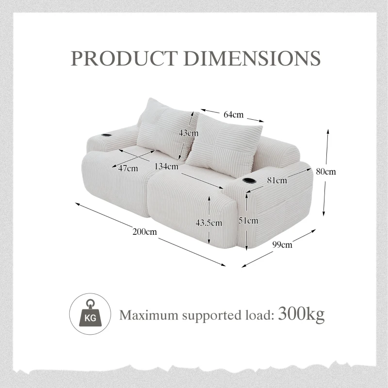 Modular 2-Seater Sofa with Built-In Cup Holder and Side Storage Pocket, Ribbed Corduroy Couch with High-Density Foam, 200L x 99W x 80H cm, Beige